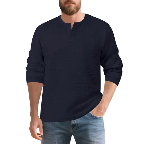 Herren Vintage Langarm Henley T-Shirt Lässig Schweres Jacquard Kleines Gitter Pullover Top Winter Herbst Mode Kleidung