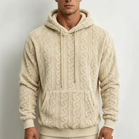 Herren Winter Casual Fleece Hoodie Unifarben Jacquard Zopfmuster Langarm Pullover Sweatshirt Lockerer Schnitt Kapuzenshirt