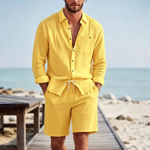 Men Casual Linen Blend Long Sleeve Shirt And Shorts Top And Bottom Set Turn Down Collar Cardigan Loose Fit Summer Beach Vacation Outfit