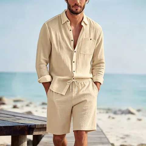 Men Casual Linen Blend Long Sleeve Shirt And Shorts Top And Bottom Set Turn Down Collar Cardigan Loose Fit Summer Beach Vacation Outfit