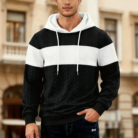 Men's Casual Colorblock Jacquard Hoodie Long Sleeve Hooded Pullover Sweatshirt Polyester Knit Tops
