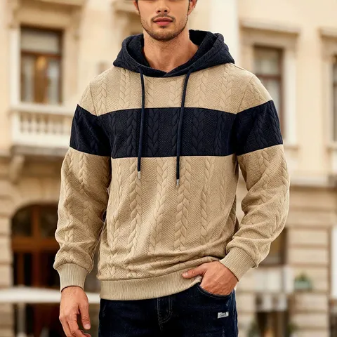 Men's Casual Colorblock Jacquard Hoodie Long Sleeve Hooded Pullover Sweatshirt Polyester Knit Tops