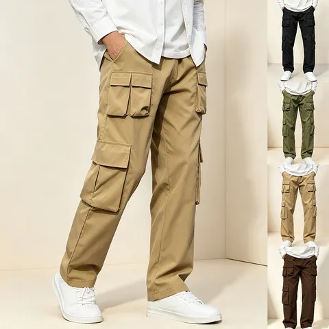Men's Casual Multi-Pocket Cargo Pants Loose Wide Leg Tactical Trousers Solid Color Drawstring Waist Long Pants For Outdoor Daily Wear