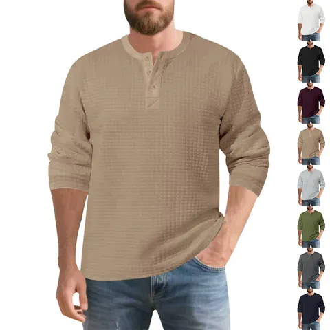 Herren Vintage Langarm Henley T-Shirt Lässig Schweres Jacquard Kleines Gitter Pullover Top Winter Herbst Mode Kleidung