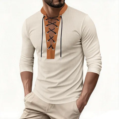 Men's Casual Waffle Knit Pullover Long Sleeve Mock Neck Color Block Shirt Loose Fit Daily Fashion Top