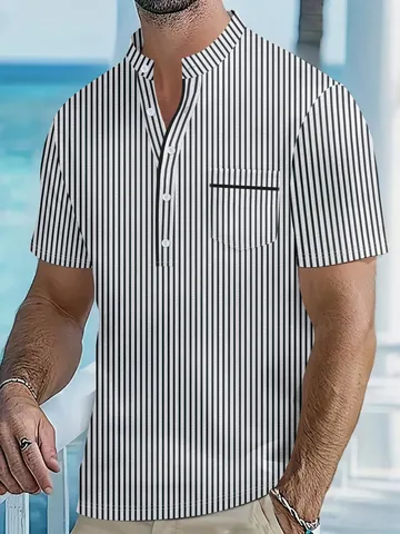 Men Summer Striped Stand Collar Short Sleeve Shirt Loose Casual Henley Polo Top Breathable Patchwork Fashion Streetwear
