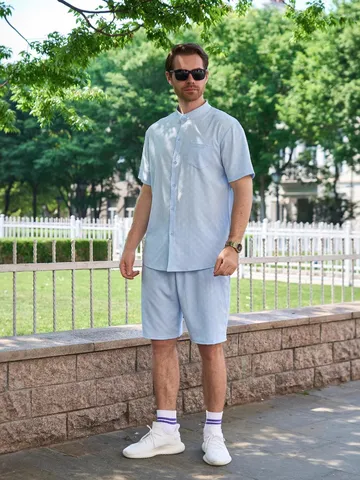 Herren Sommer Casual Jacquard Hemd Und Shorts Set Stehkragen Kurzarm Top Outfits