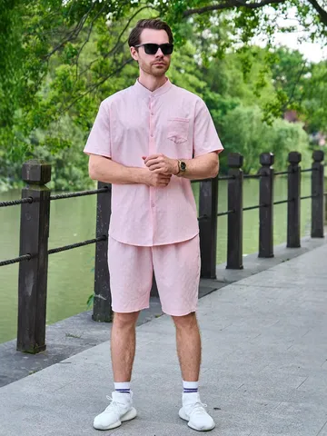 Herren Sommer Casual Jacquard Hemd Und Shorts Set Stehkragen Kurzarm Top Outfits