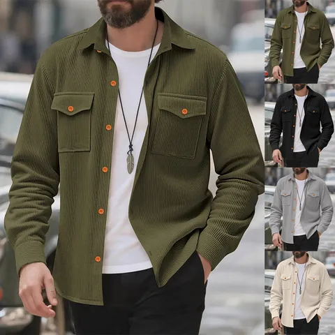 Chemise en Velours Côtelé pour Hommes Style Workwear Manches Longues Revers Coupe Décontractée Veste Avec Poche