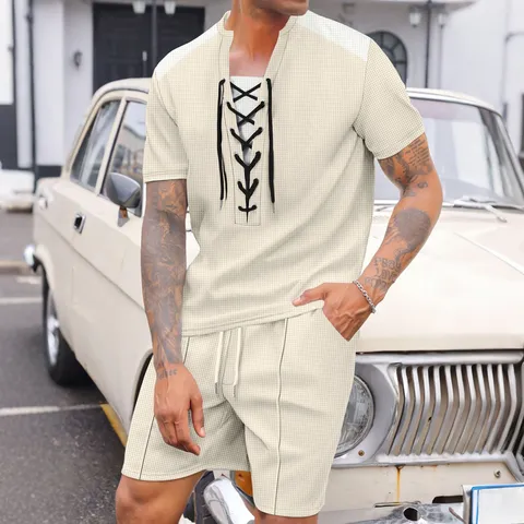Herren Casual Waffelstrick Zweiteiler Set Kurzarm Schnür-T-Shirt Und Shorts Passende Outfits Sommer Mode Top Und Bottom