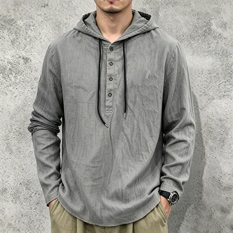 Herren Casual Leinen Kapuzen Langarm T-Shirt Dünn Locker Henley Hoodie Einfarbig Pullover Top Atmungsaktiv Strandhemd