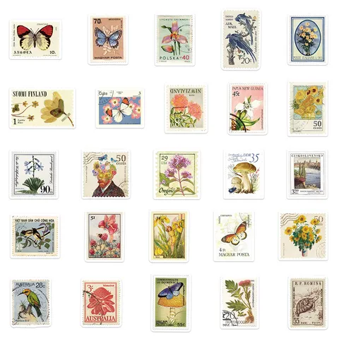 Vintage Postage Stamp Stickers Waterproof PVC Decals Retro Decorative Stickers For Laptop Journal Phone Case DIY