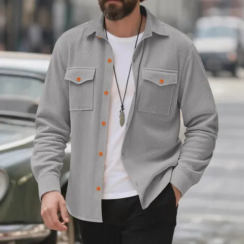Chemise en Velours Côtelé pour Hommes Style Workwear Manches Longues Revers Coupe Décontractée Veste Avec Poche