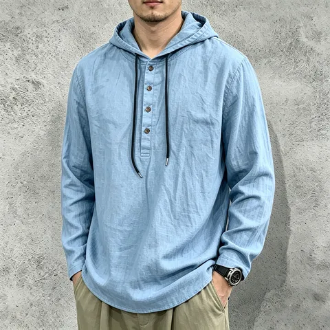 Herren Casual Leinen Kapuzen Langarm T-Shirt Dünn Locker Henley Hoodie Einfarbig Pullover Top Atmungsaktiv Strandhemd
