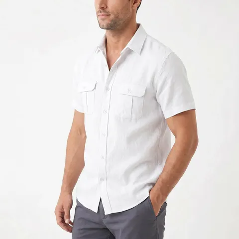 Herren Leinen Kurzarm Workwear Hemd Casual Button Down Mehrere Taschen Revers Gewebt Sommer Business Top