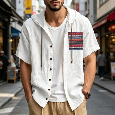 Camiseta con Capucha de Mezcla de Lino para Hombre Verano Manga Corta Bolsillo Étnico Boho Transpirable Top con Capucha Casual para Hombre Vacaciones en la Playa