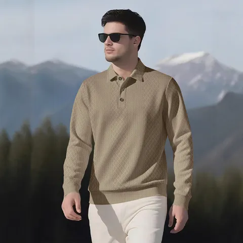 Polo Casual de Jacquard para Hombre Manga Larga de Poliéster de Punto con Botones y Solapa Color Sólido Top Deportivo Diario