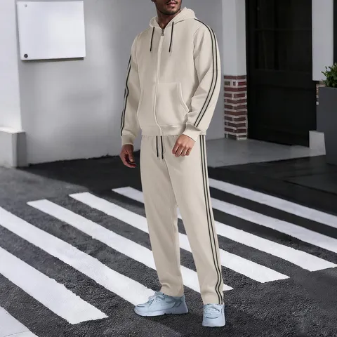 Men's Casual Waffle Knit Tracksuit Set Hooded Drawstring Zipper Jacket And Trousers Sporty Sweatsuit For Autumn Outdoor Streetwear