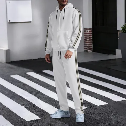 Men's Casual Waffle Knit Tracksuit Set Hooded Drawstring Zipper Jacket And Trousers Sporty Sweatsuit For Autumn Outdoor Streetwear