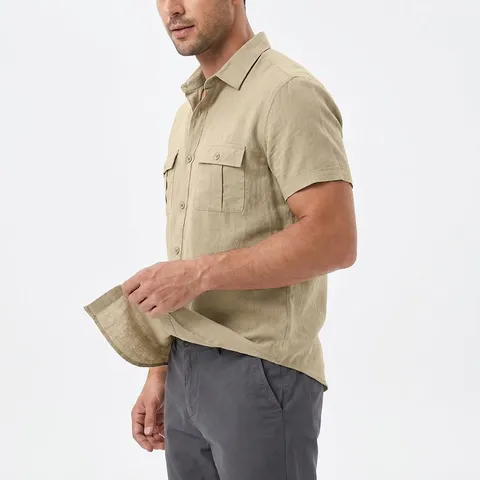 Herren Leinen Kurzarm Workwear Hemd Casual Button Down Mehrere Taschen Revers Gewebt Sommer Business Top