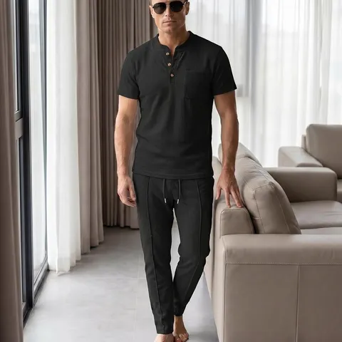 Herren Casual Waffelstruktur Henley Hemd Und Cargo Hose Top And Bottom Set Einfarbig Polyester Taschen Outfits