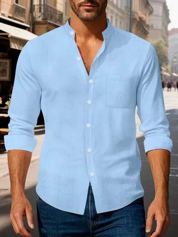 Herren Casual Baumwoll-Leinen-Hemd Stehkragen Langarm Button Down Einfarbig Top Smart Business Relaxed Fit Hemd