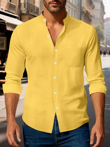 Herren Casual Baumwoll-Leinen-Hemd Stehkragen Langarm Button Down Einfarbig Top Smart Business Relaxed Fit Hemd
