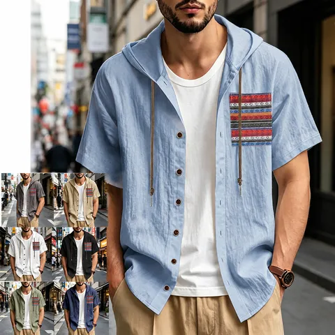 Men Linen Blend Hooded T-Shirt Summer Short Sleeve Boho Ethnic Pocket Breathable Loose Casual Hooded Top For Men Beach Vacation