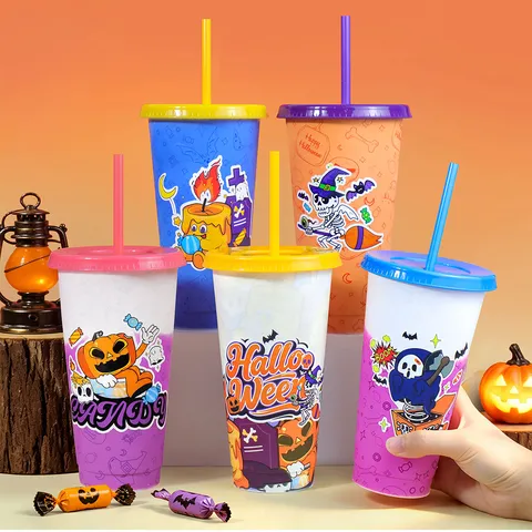 Halloween Farbwechsel Kaltbecher Wiederverwendbarer Plastikbecher Mit Deckel Strohhalm Skelett Kürbis Geist Party Geschenk