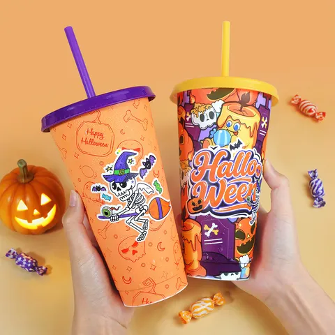 Halloween Farbwechsel Kaltbecher Wiederverwendbarer Plastikbecher Mit Deckel Strohhalm Skelett Kürbis Geist Party Geschenk