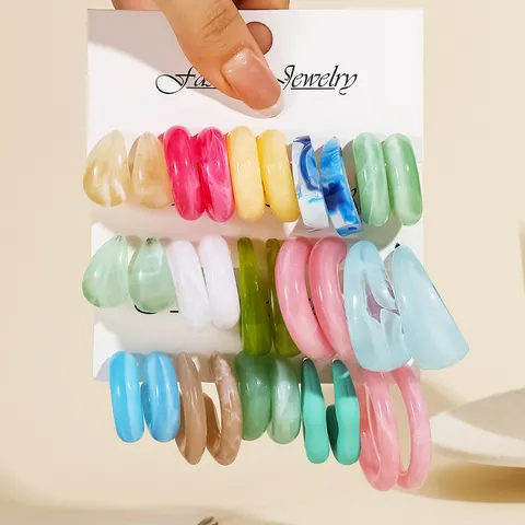 Pendientes de Aro en C de Resina Acrílica Macarrón Conjunto para Mujeres Minimalista Mármol Texturizado Bucle Pendientes Verano Vacaciones Joyería Regalo