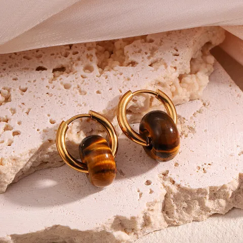 Vintage Stainless Steel Tiger Eye Hoop Earrings Gold Plated Brown Natural Stone Huggie Earrings For Women French Style Gift Jewelry