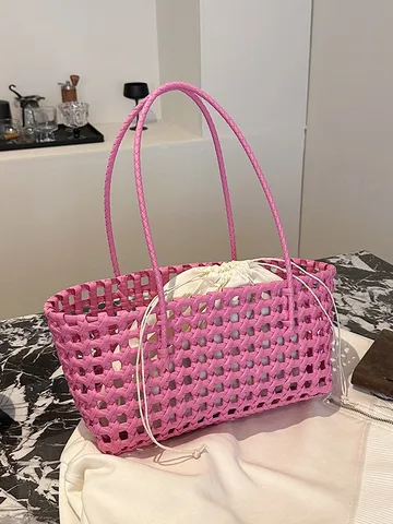 Summer Large Capacity PVC Woven Tote Bag Women Casual Beach Vacation Handbag Waterproof Solid Color Shopper Bag
