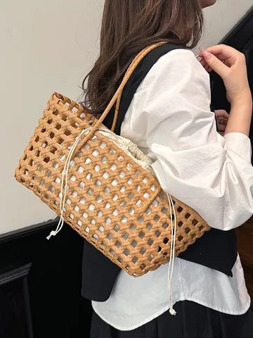 Summer Large Capacity PVC Woven Tote Bag Women Casual Beach Vacation Handbag Waterproof Solid Color Shopper Bag
