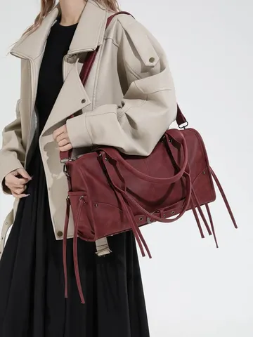 Retro Motorcycle Style Large Capacity Commuter Shoulder Bag Women PU Leather Tote Bag Fashion Handbag Casual