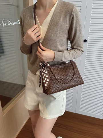 Womens Fashion Woven Shoulder Bag Casual PU Leather Underarm Bag Elegant Solid Color Handbag With Silk Scarf