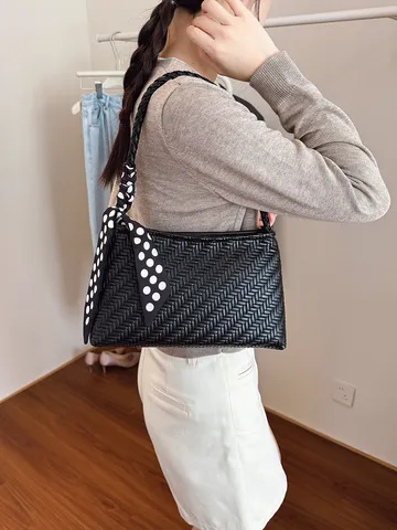 Womens Fashion Woven Shoulder Bag Casual PU Leather Underarm Bag Elegant Solid Color Handbag With Silk Scarf
