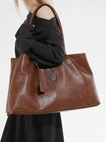 Mujer Retro Cuero Cera Aceite Gran Capacidad Bolso Tote Casual Versátil Bolso de Hombro Axila Bolso Commuter