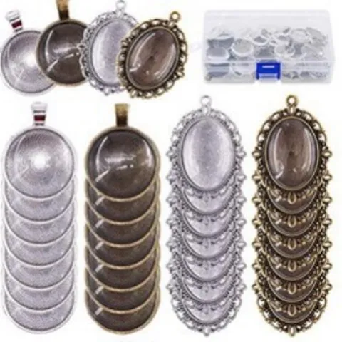 DIY Jewelry Making Kit Retro Time Gemstone Tray Pendant Bezel Set with Glass Cabochons Alloy Craft Findings Storage Box