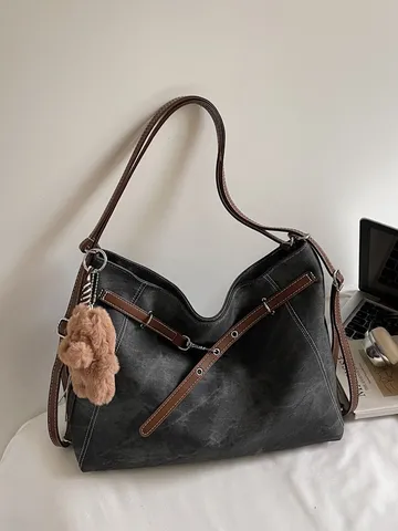 Mujer Retro PU Cuero Bolso Tote Casual Gran Capacidad Bolso Bandolera Con Lindo Colgante de Oso Vintage Bolso Diario
