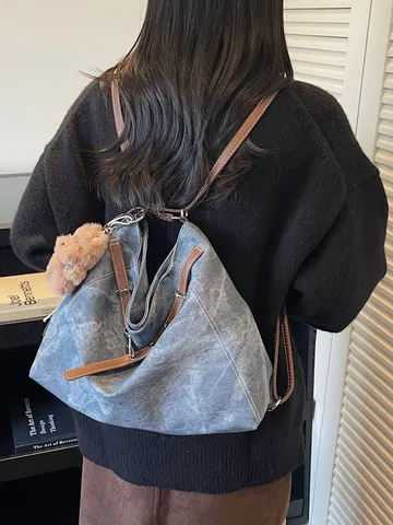 Mujer Retro PU Cuero Bolso Tote Casual Gran Capacidad Bolso Bandolera Con Lindo Colgante de Oso Vintage Bolso Diario