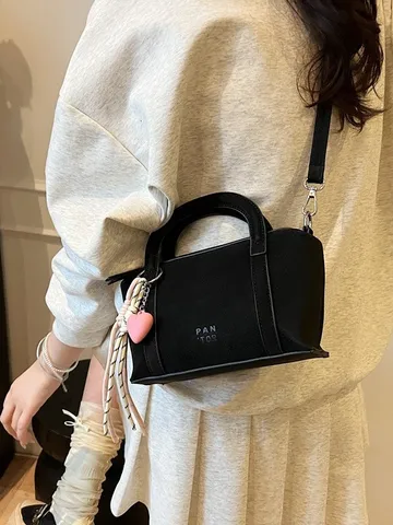 Bolso de Mano de Cuero PU de Moda para Mujer Casual Versátil Color Sólido Bolso Almohada Bolso Bandolera Individual con Colgante de Corazón