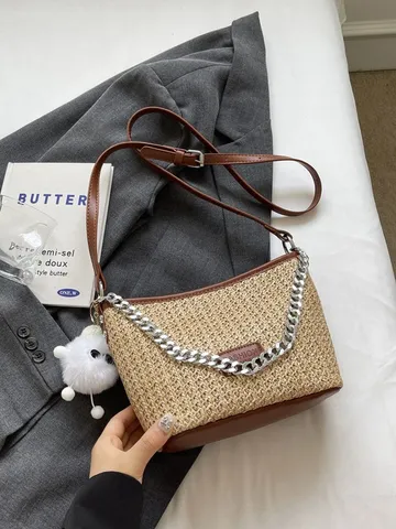 Womens Straw Bucket Bag Colorful Woven Crossbody Bag Casual Summer Beach Shoulder Handbag With Chain And Plush Pendant