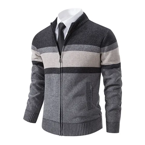 Men's Casual Color Block Fleece Lined Knit Cardigan Jacket Stand Collar Full Zip Thick Warm Winter Sweater Coat