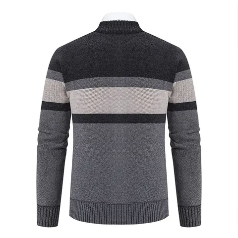 Men's Casual Color Block Fleece Lined Knit Cardigan Jacket Stand Collar Full Zip Thick Warm Winter Sweater Coat