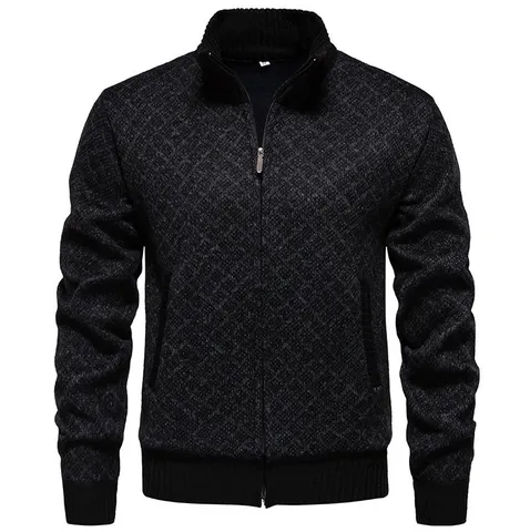 Suéter Cardigan con Cremallera y Cuello Alto para Hombre Ajuste Ceñido Chaqueta de Punto Geométrica Engrosada Casual Otoño Manga Larga