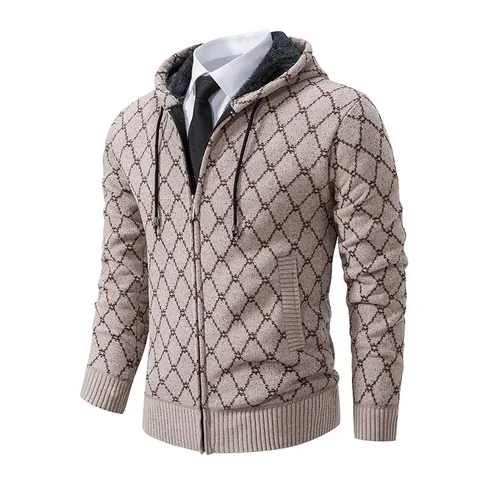 Men's Argyle Knit Cardigan Hoodie Fleece Lined Jacket Minimalist Casual Zip Up Sweater Top For Autumn