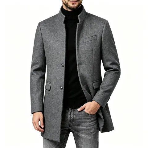 Pardessus Homme Hiver Rembourré en Polyester Coupe Ajustée Col Montant Mi-Long Style Laine Épais Chaud Trench pour Affaires Casual