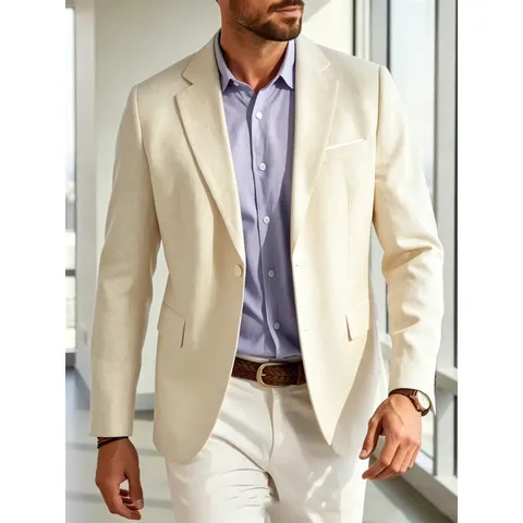 Men's Business Casual Cotton Linen Blazer Slim Fit Lightweight Breathable Solid Color Single Button Suit Jacket Coat