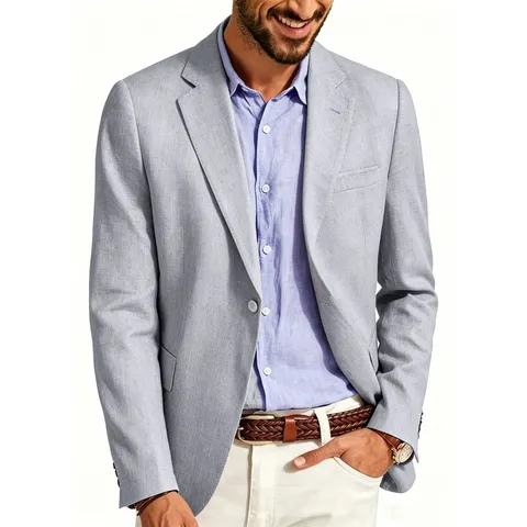 Men's Business Casual Cotton Linen Blazer Slim Fit Lightweight Breathable Solid Color Single Button Suit Jacket Coat